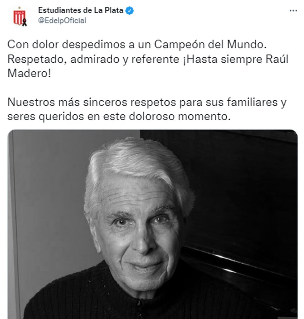 Twitter oficial de Estudiantes de La Plata despidiendo a un excampeón del mundo, Raúl Madero. / Captura.