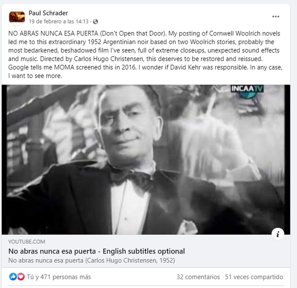 El posteo de Paul Schrader recomendando ver la película argentina "No abras nunca esa puerta" (1952) / Facebook