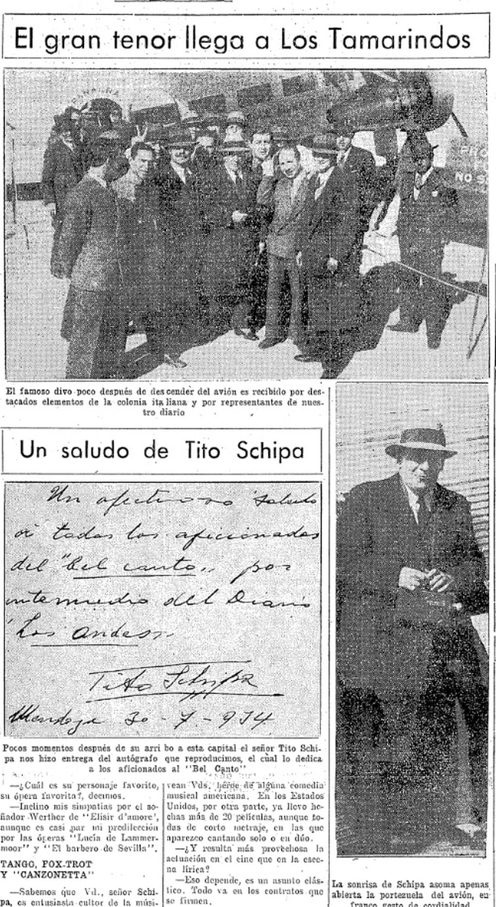 A su llegada a Mendoza, de incógnito, recibió a un periodista y a fotógrafos de Los Andes, a quienes les dio un autógrafo, que reprodujo el diario en su edición del 31 de julio de 1934.