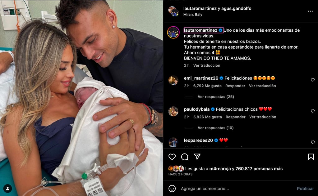 Lautaro Martínez y Agustina Gandolfo compartieron su felicidad por la llegada de su segundo hijo Theo. (Foto: Captura de pantalla)