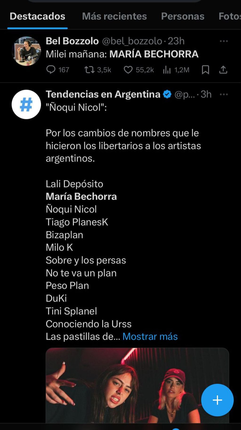 Libertarios cambiaron los nombres de cantantes argentinos como Milei con Lali. Captura de pantalla.
