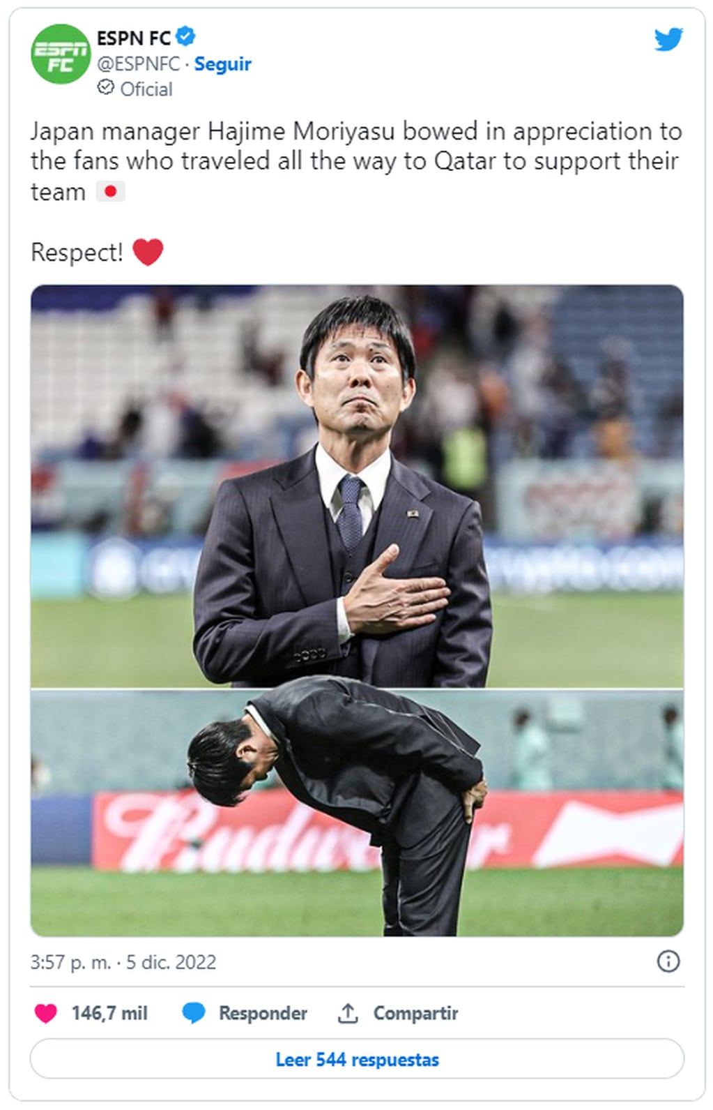 Hajime Moriyasu se despidió de los hinchas japoneses. Foto: Twitter/@ESPNFC