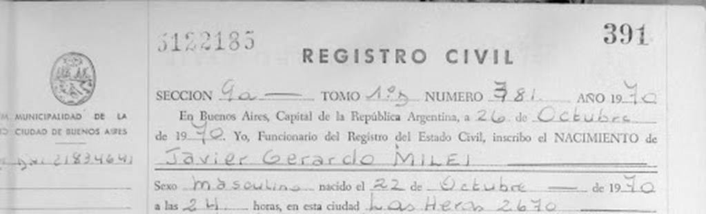 Fragmento de la partida de nacimiento de Javier Milei, capturado el 10 de octubre de 2023