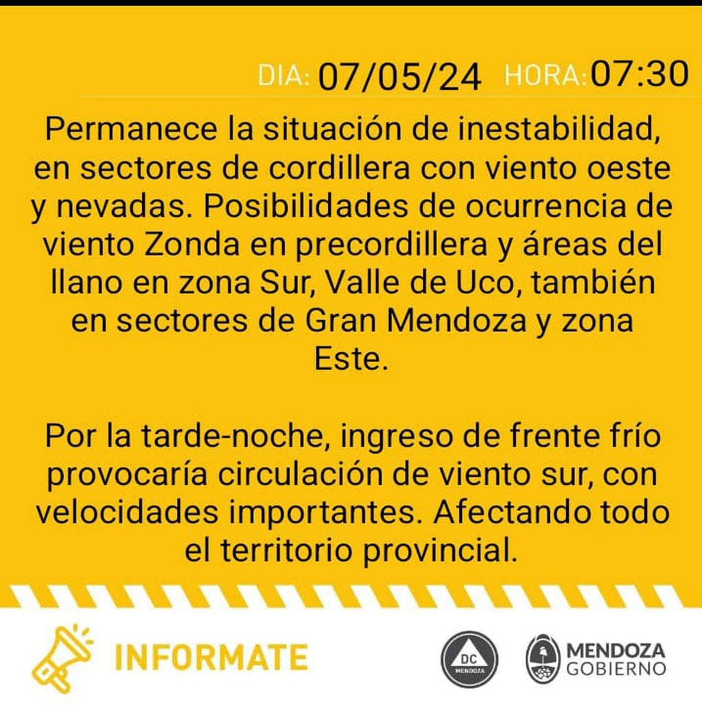 Alerta por Zonda en Mendoza (Defensa Civil)