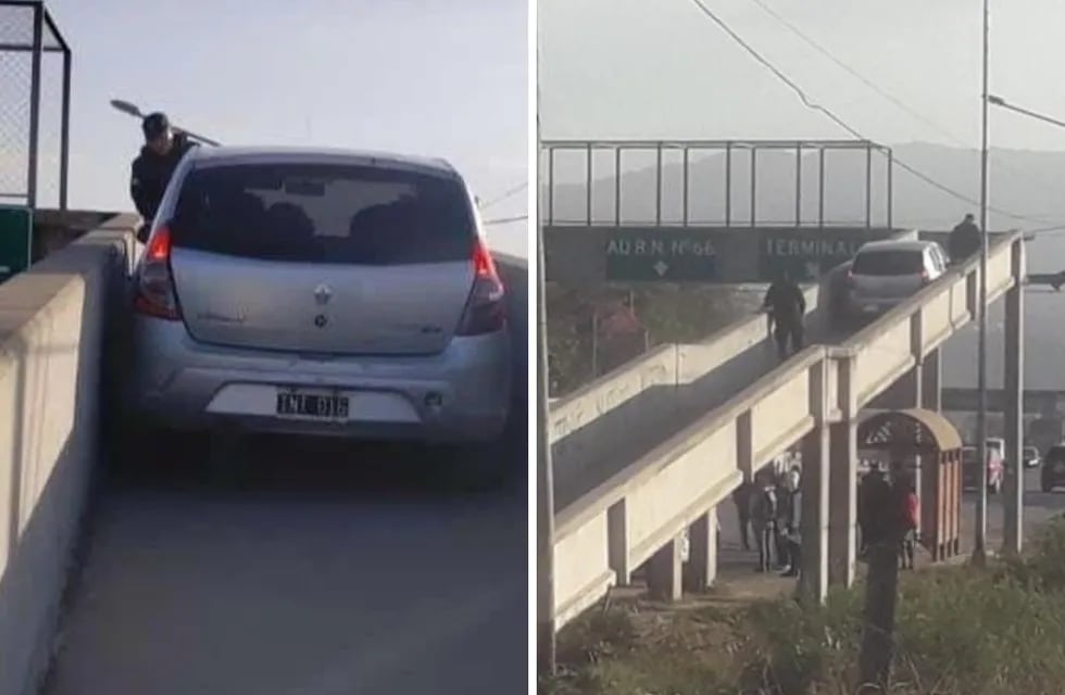 Un conductor subió con su auto por una pasarela peatonal.