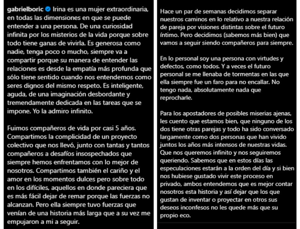 El extenso posteo del mandatario chileno en el que explicó los motivos del público anuncio de su separación. Foto: Gabriel Boric en Instagram