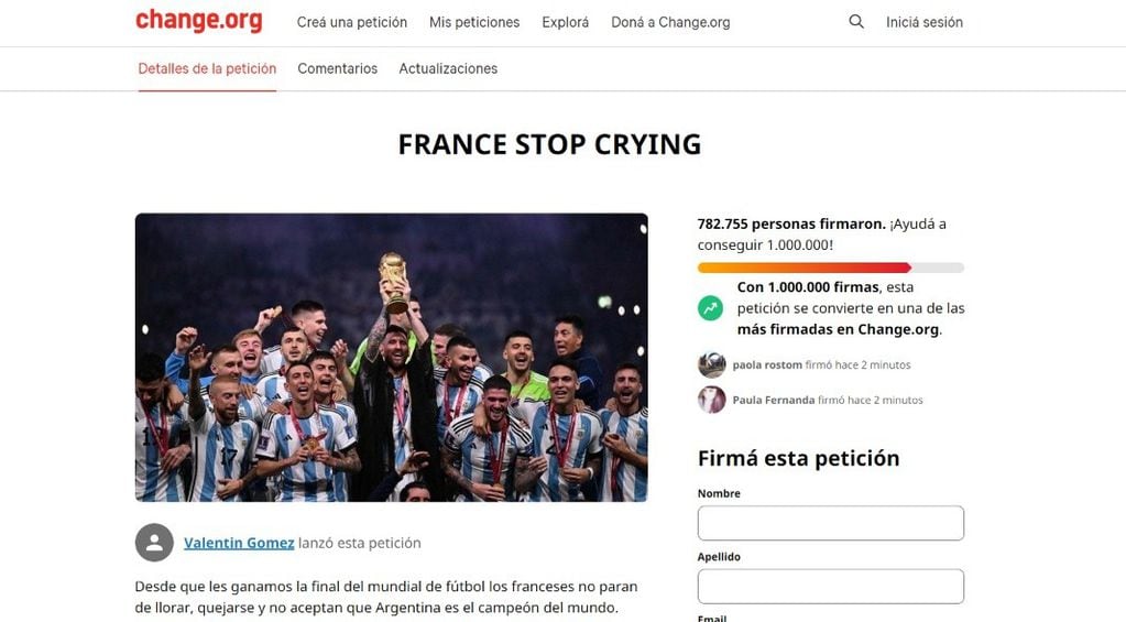 Le petición argentina "France Stop crying" está por alcanzar las 800.000 firmas.