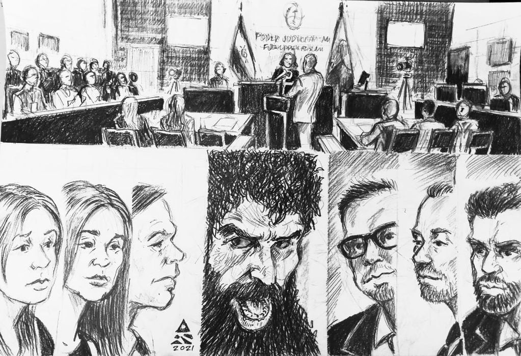 El artista Damián Pérez Santos tuvo a su cargo el court sketch del juicio contra Gil Pereg e ilustró las distintas situaciones y expresiones de los involucrados. Foto: Prensa Poder Judicial de Mendoza.