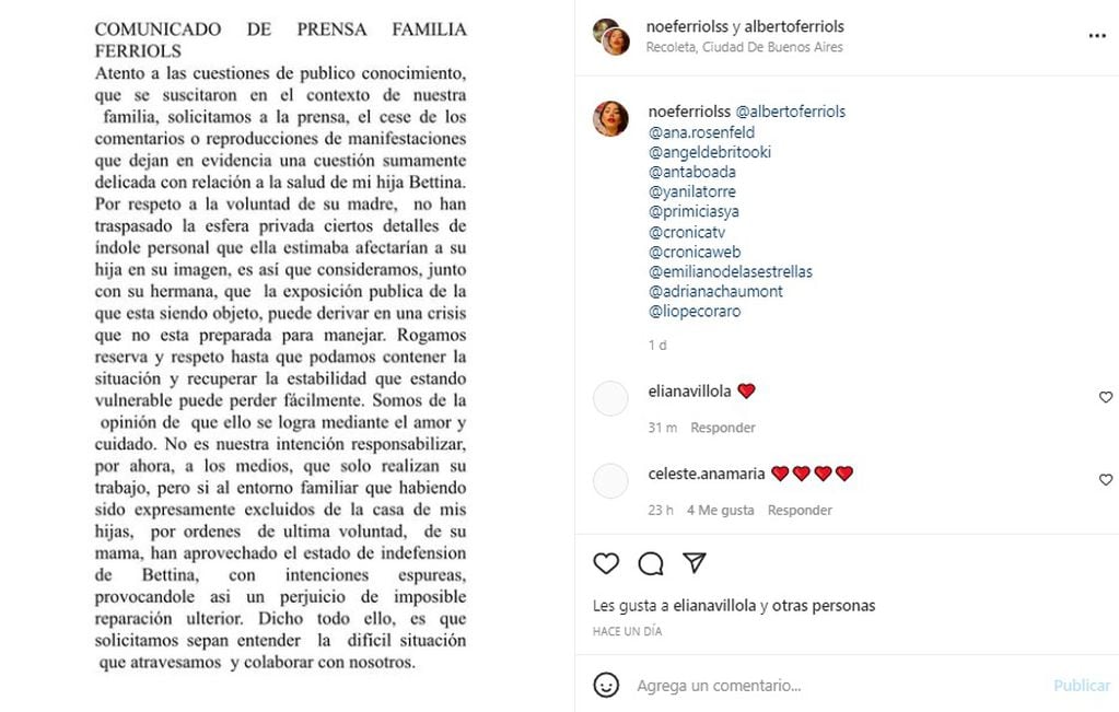 Alberto Ferriols publicó un comunicado después de que su hija menor lo denunciara