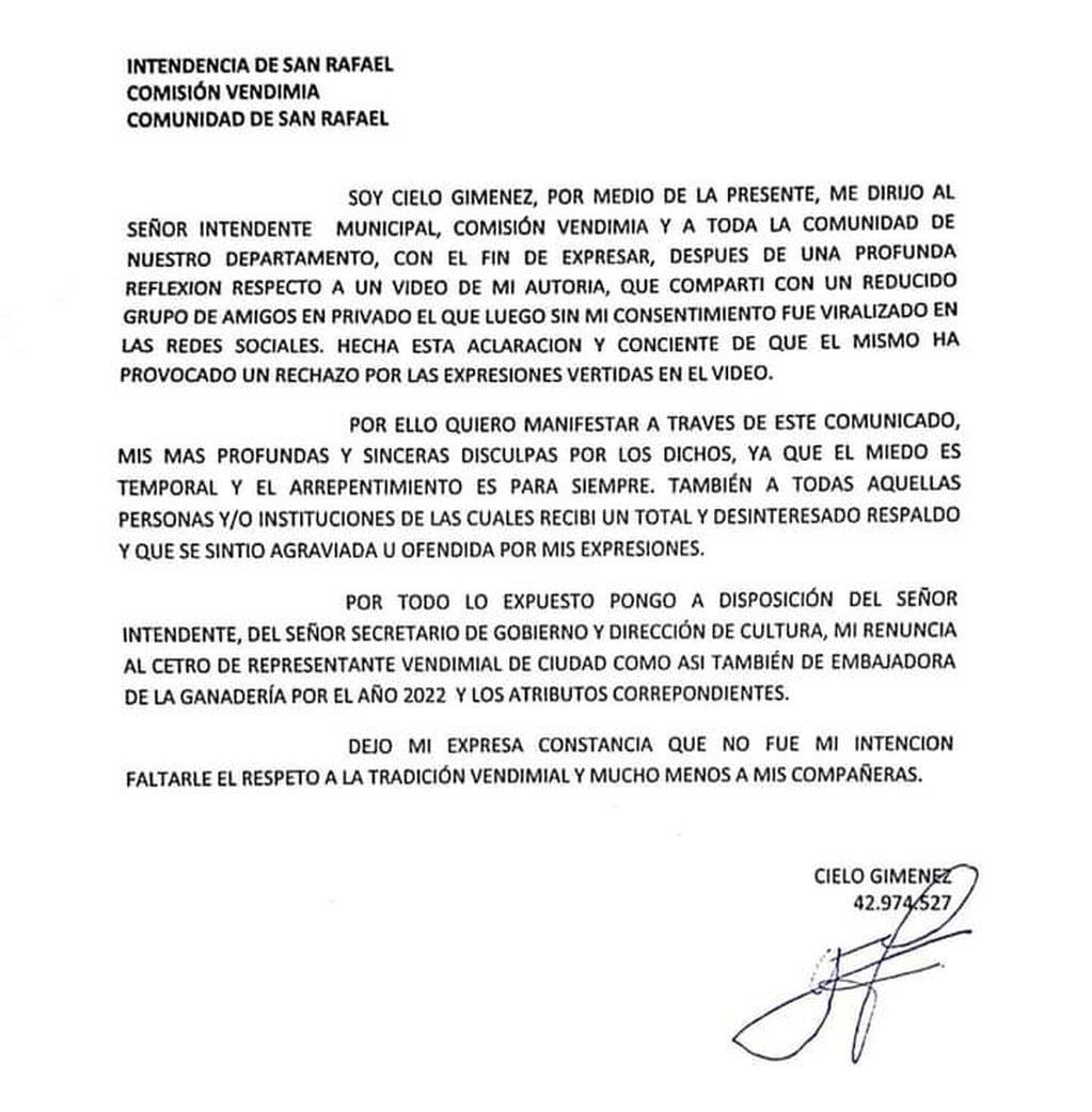 Carta de renuncia de Cielo Giménez, la representante de la Ganadería tras polémicas declaraciones en video viralizado.