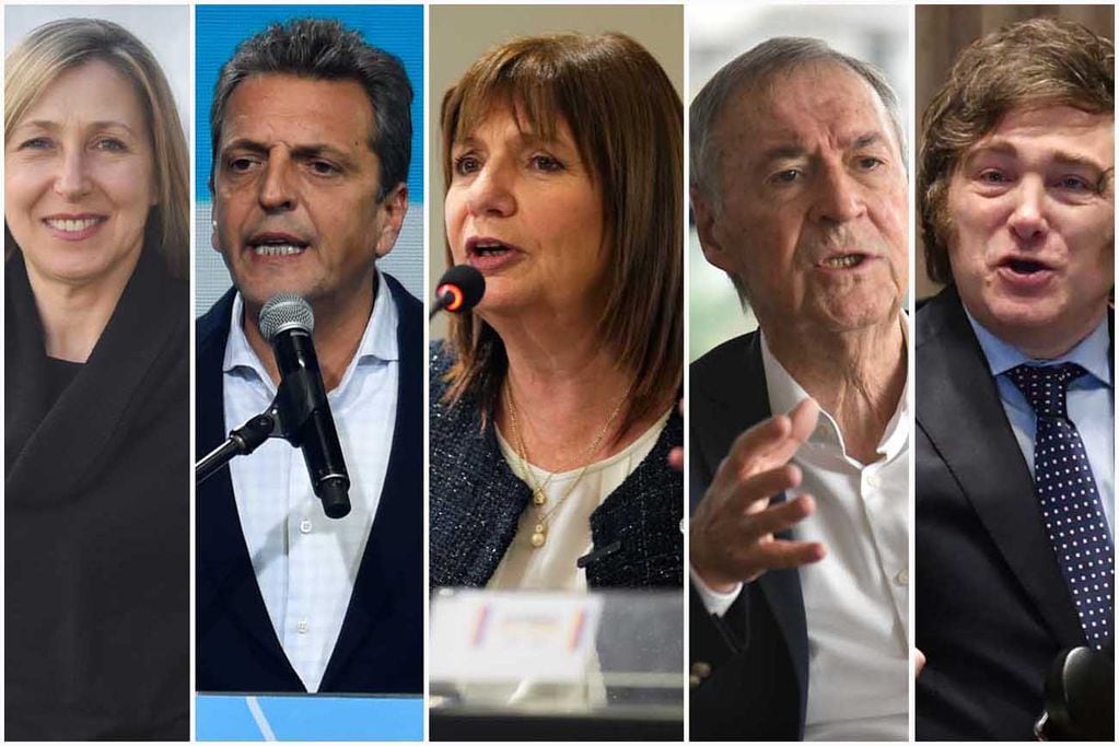 Cinco candidatos a presidente en las elecciones 2023: Myriam Bregman, Sergio Massa, Patricia Bullrich, Juan Schiaretti y Javier Milei. 