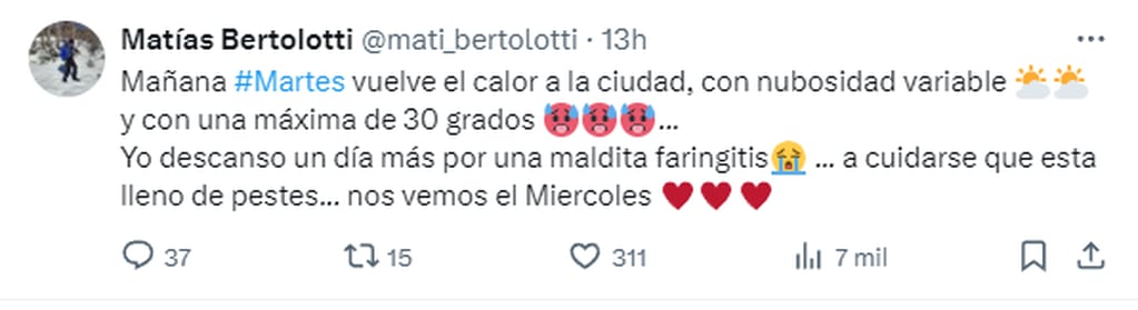 El tuit de Matías Bertolotti explicando el motivo