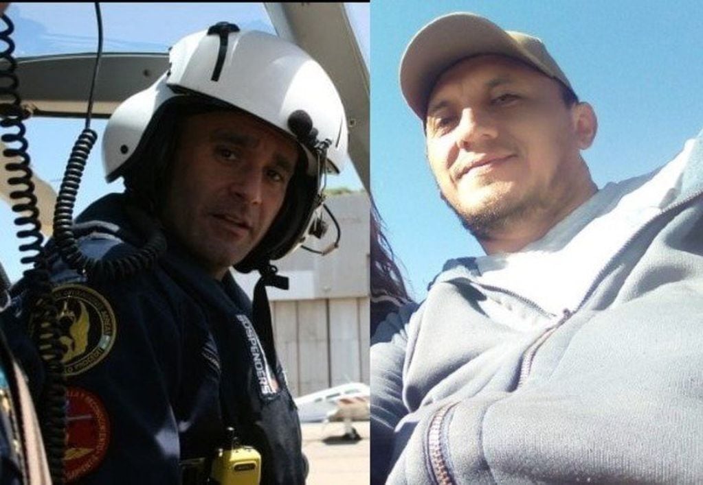 El piloto Carlos Rodríguez Santa Ana (54) y el mecánico Francisco Javier Escudero (45), fallecidos al caer el helicóptero que tripulaban en la zona de Aluminé, Neuquén. / gentileza