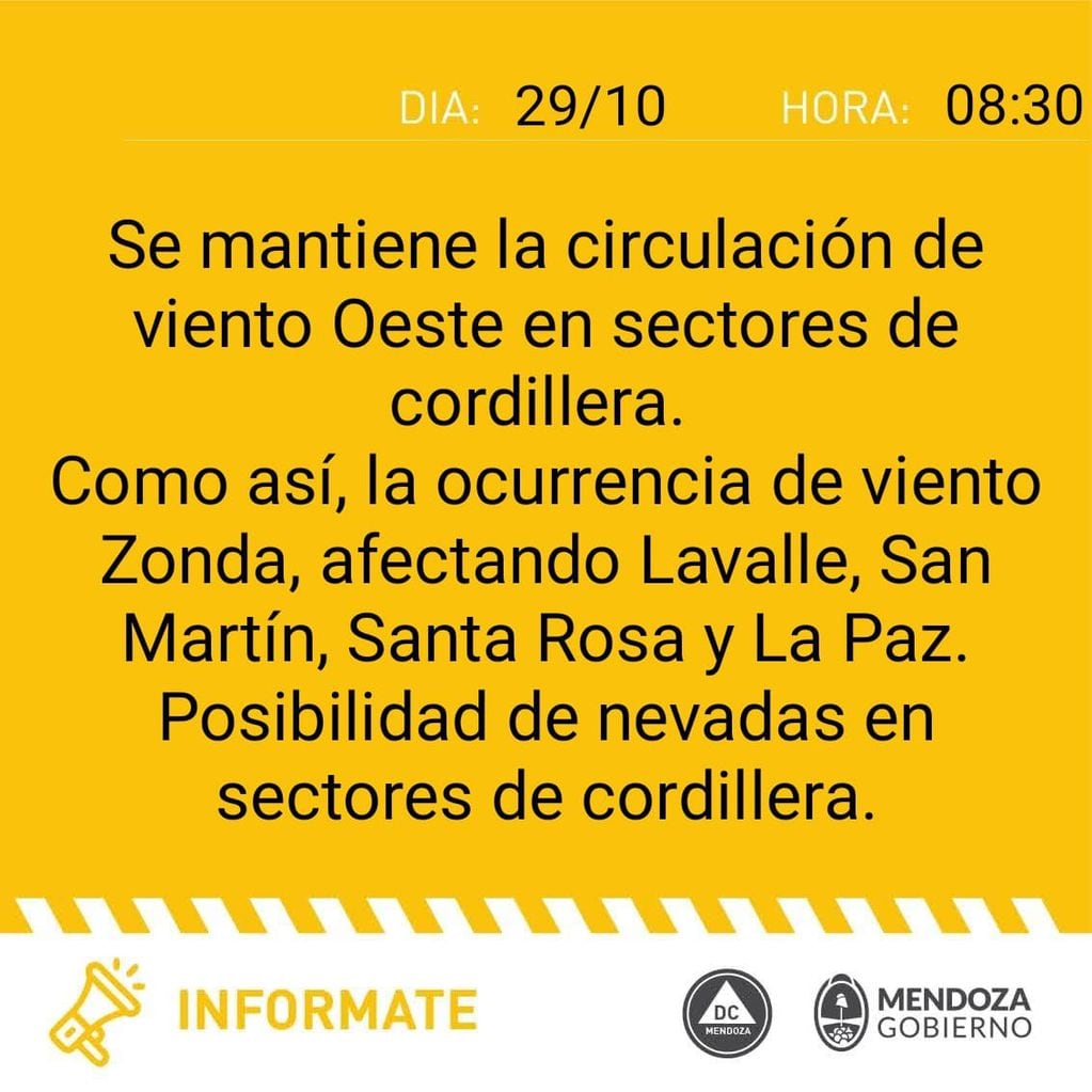 Defensa Civil emitió un alerta para distintas partes de Mendoza este domingo por el viento Zonda.