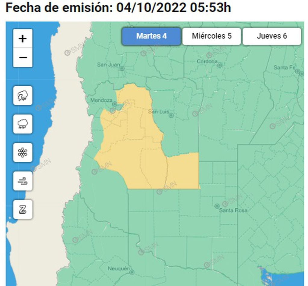 Alerta amarilla por tormentas en Mendoza (04/10/22) / SMN
