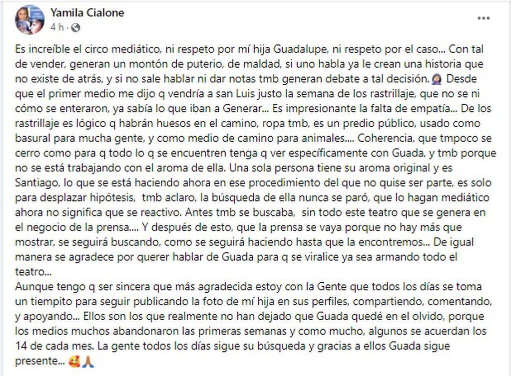 El posteo que hizo en Facebook la madre de Guadalupe Lucero, Yamila Cialone, en contra de los rastrillajes que llevó a cabo Gendarmería.