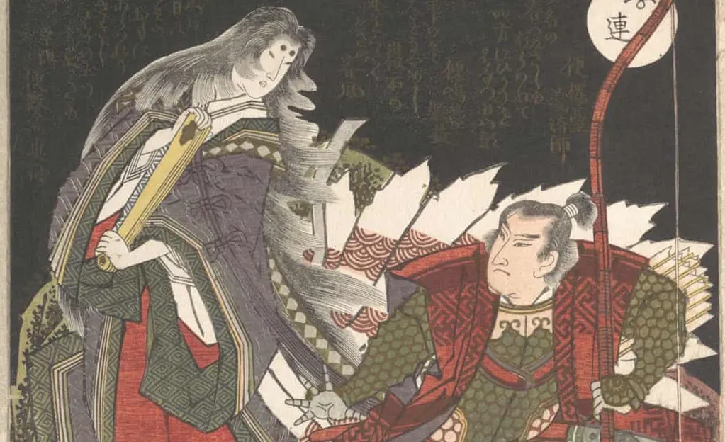 amamo-no-mae se enfrenta a una guerrera cuando se convierte en un zorro malvado con nueve colas en este arte en madera de Yashima Gakutei.