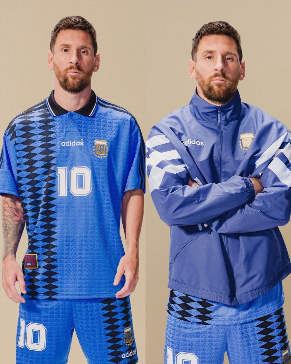 La camiseta y el buzo retro que mostró Messi y que lanza Adidas. (Adidas)