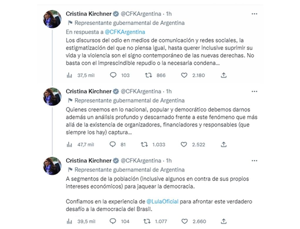Continuación de los tweets de Fernandez de Kirchner. Foto: Captura de twitter.