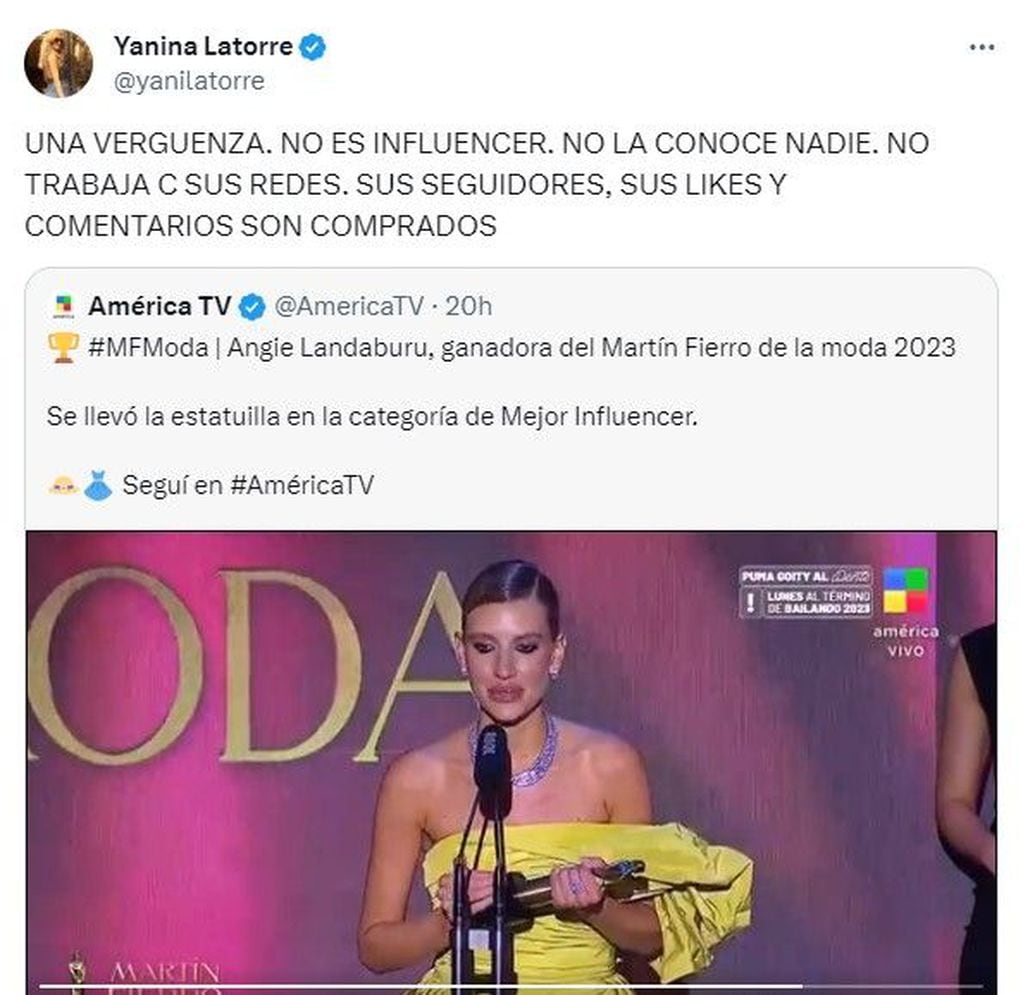 El comentario de Yanina Latorre contra Angie Landaburu, quien ganó el Martín Fierro a Mejor Influencer. (Foto: Captura de pantalla)