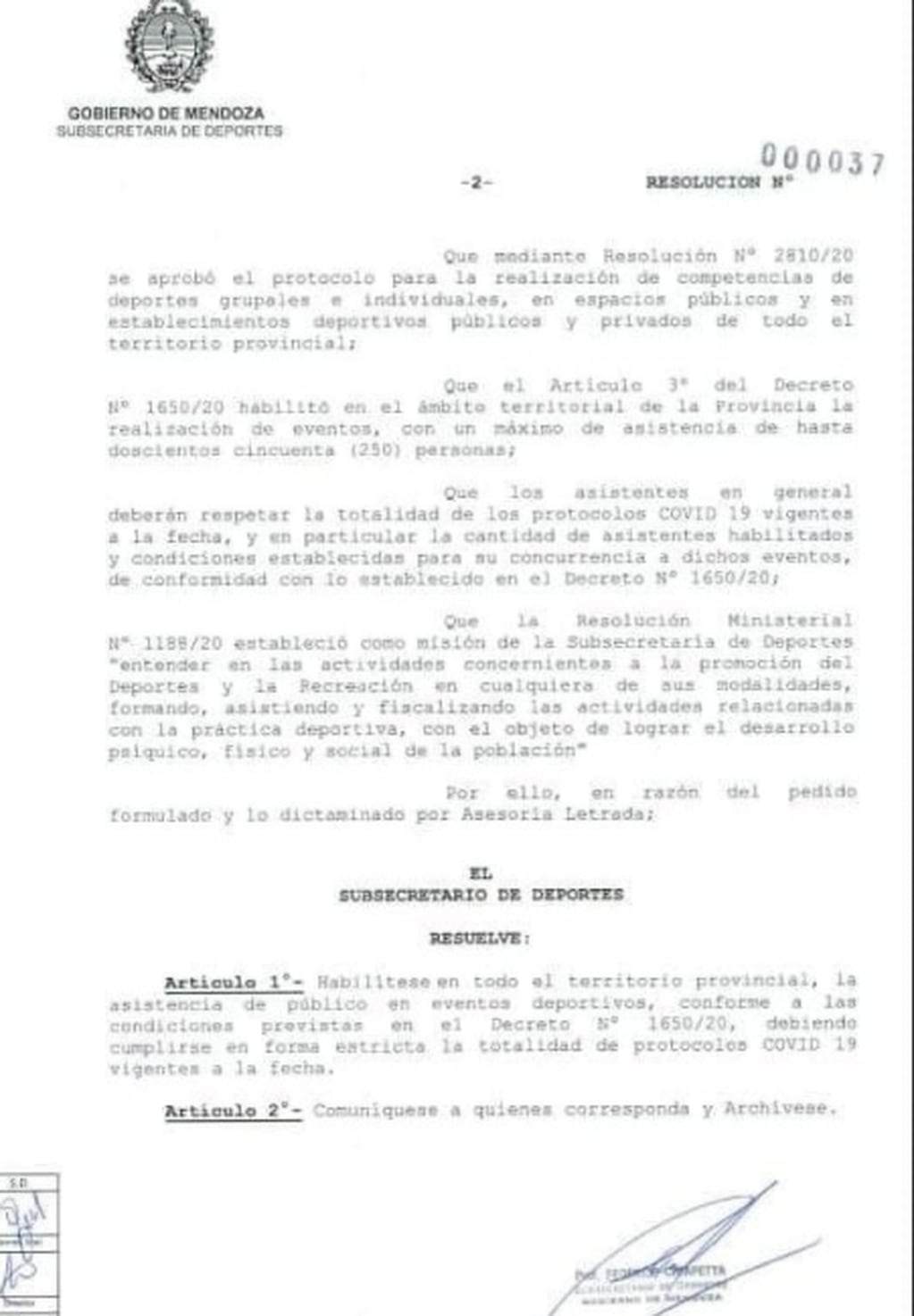 El comunicado de la Subsecretaría de deportes de Mendoza