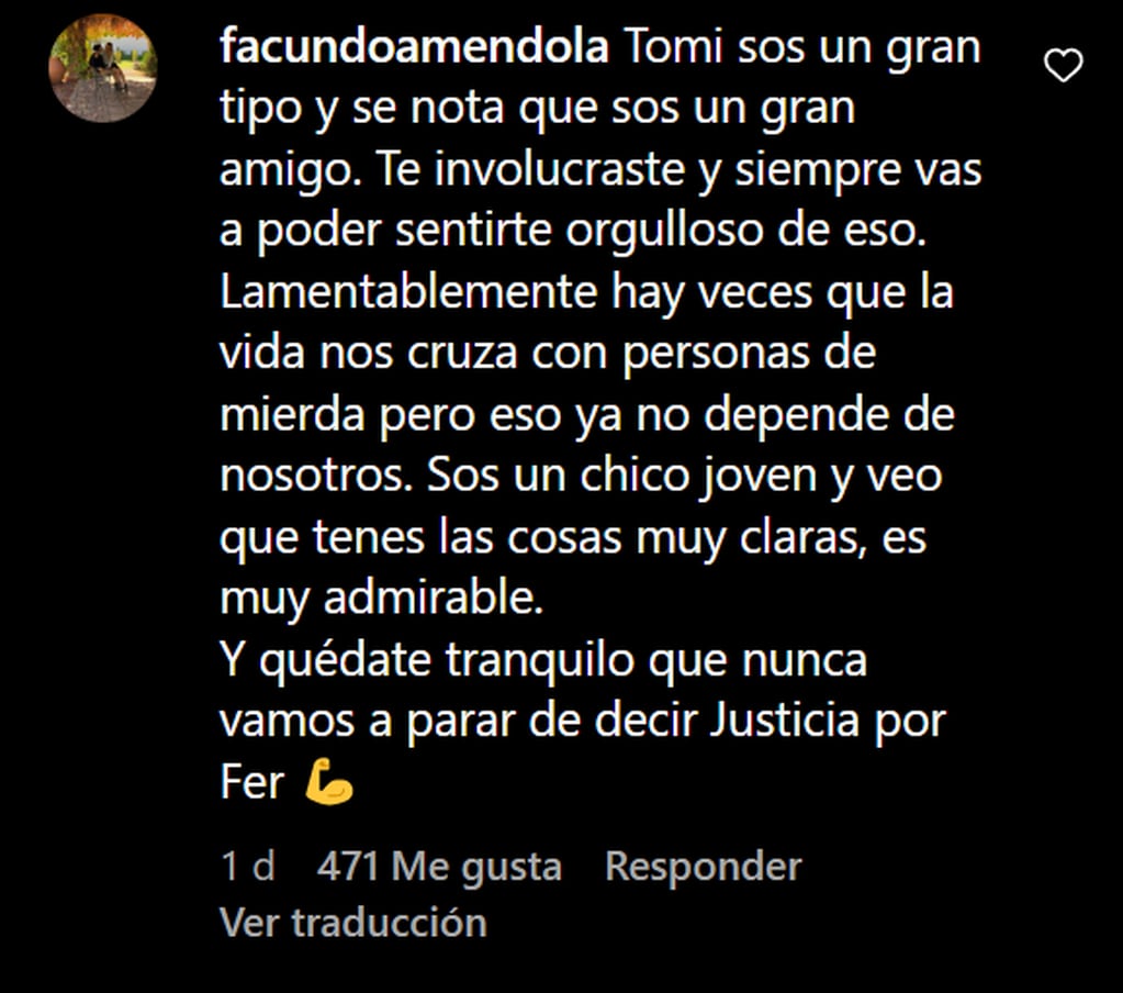 Facundo Améndola comentó la carta de Tomás D'Alessandro. Foto: Instagram/@tomas_dalessandro
