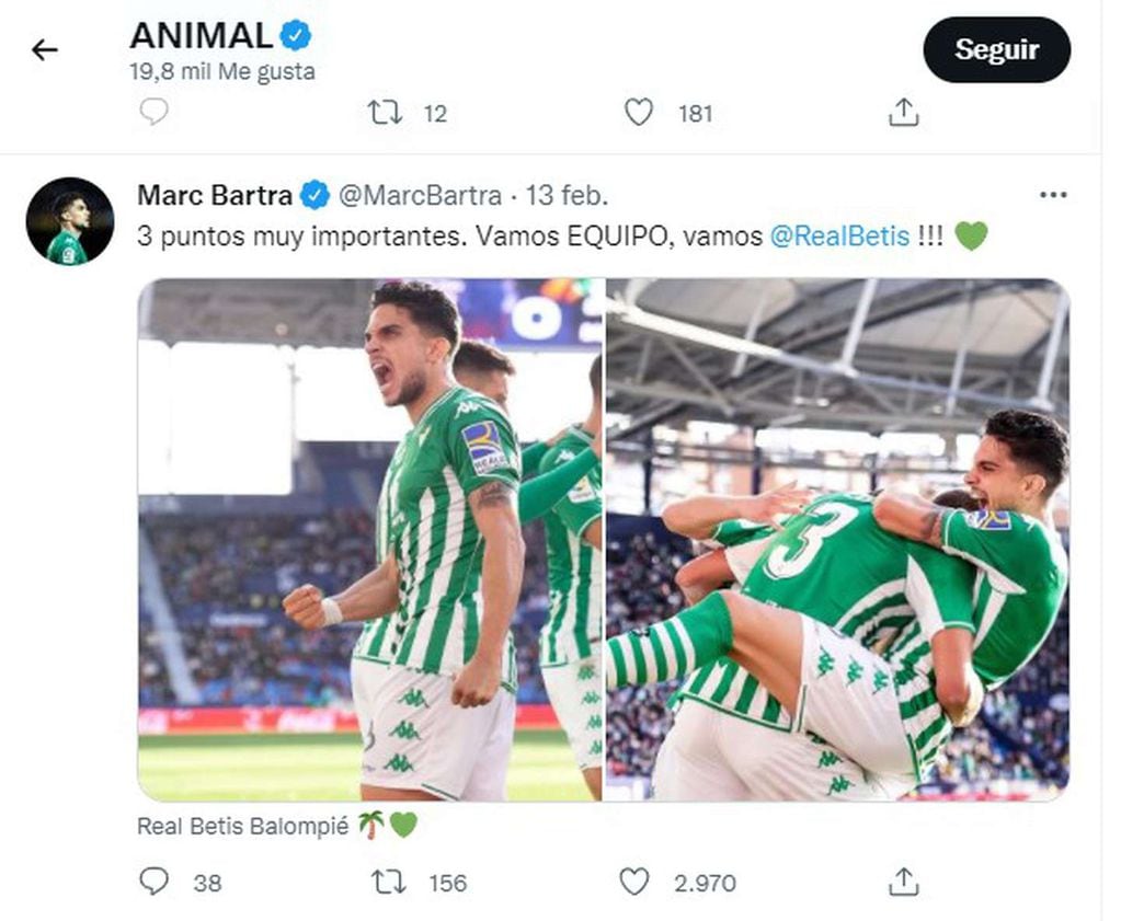 El llamativo me gusta de Becerra al tweet de Bartra sobre su triunfo con el Betis