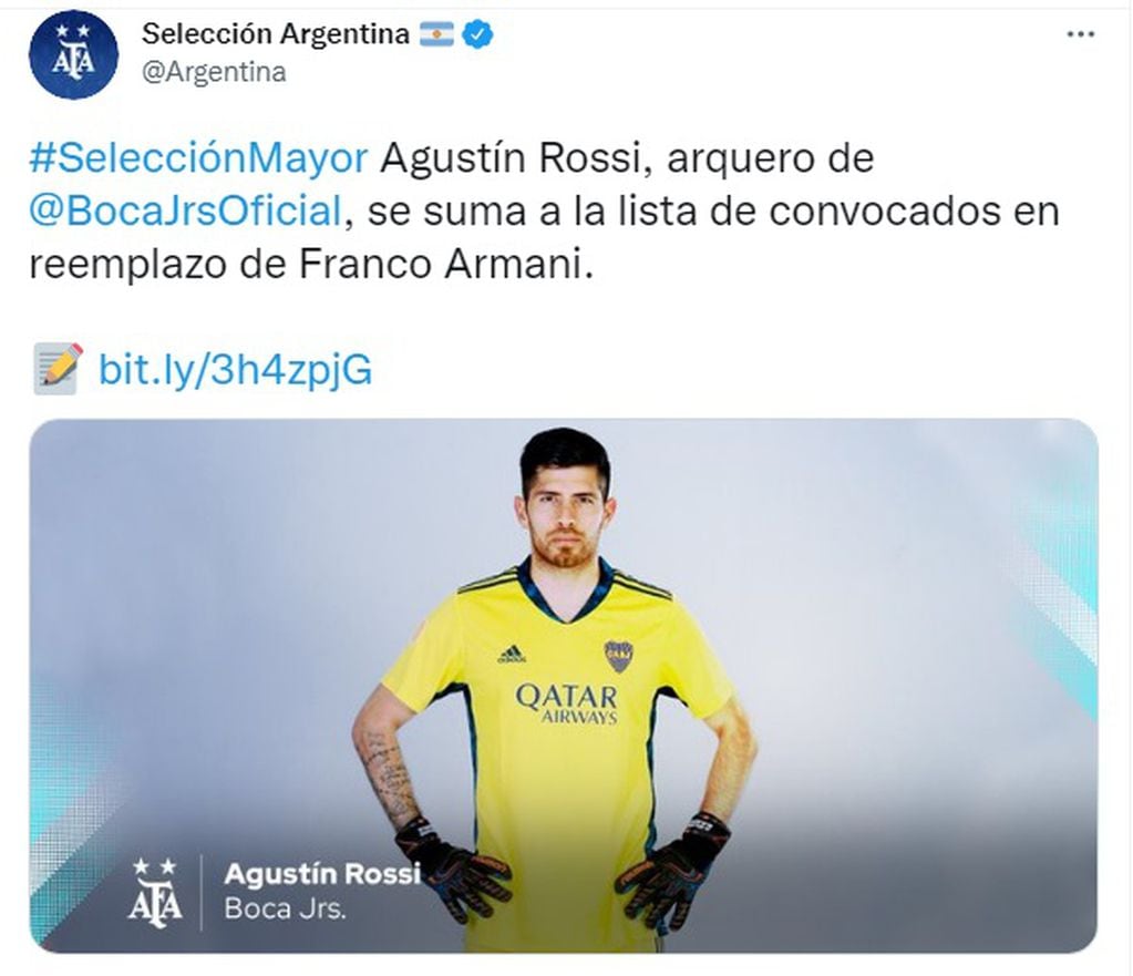 Agustín Rossi reemplazará a Franco Armani.