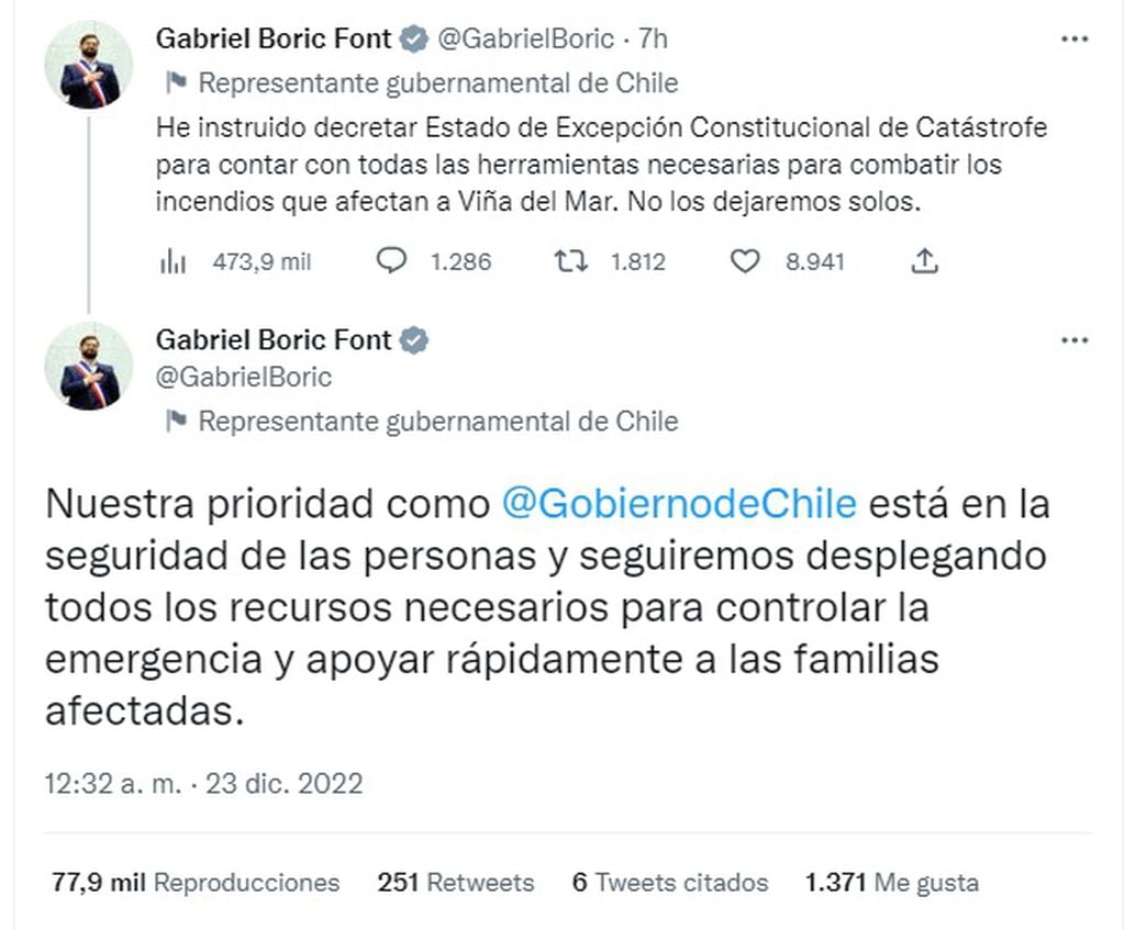 Gabriel Boric decretó el estado de excepción para combatir los incendios en Viña del Mar, Chile (Twitter)