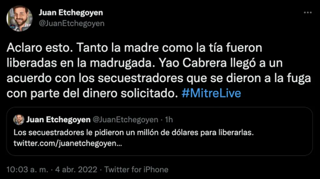 El tuit de Juan Etchegoyen sobre la liberación de la madre de Yao Cabrera