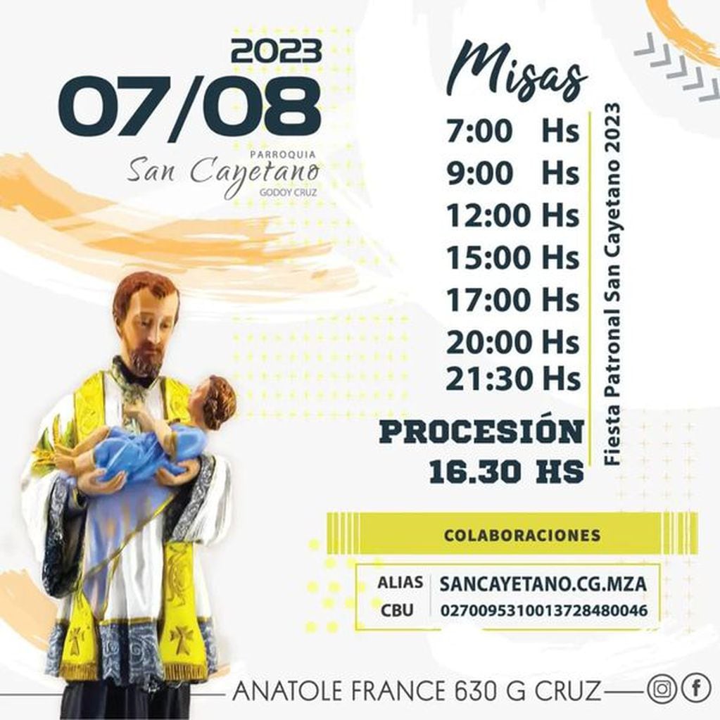 7 misas para el 7 de agosto. Foto: Facebook / Parroquia San Cayetano - Godoy Cruz