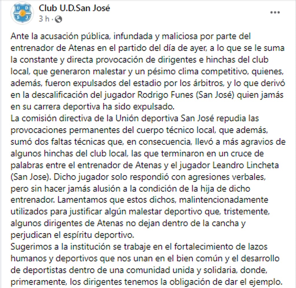 Comunicado de la Unión Deportiva SanJosé. / Gentileza.