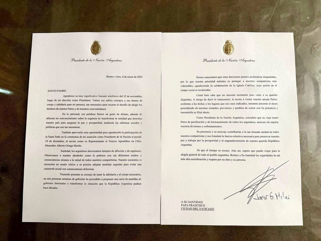 Carta de Milei al papa Francisco invitándolo a visitar la Argentina (X)