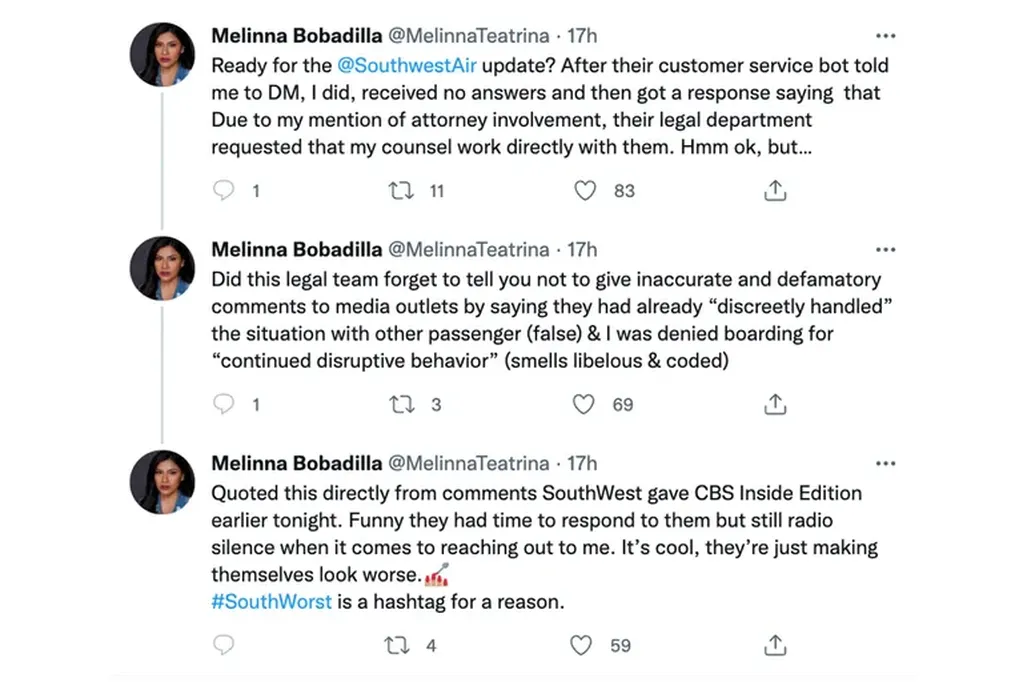Melinna Bobadilla acusó a la aerolínea en redes sociales. Foto: Web