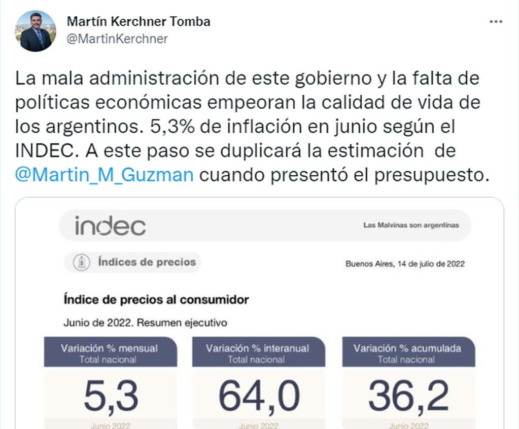 El senador Martín Kerchner culpó a la interna del Gobierno nacional por la inflación.