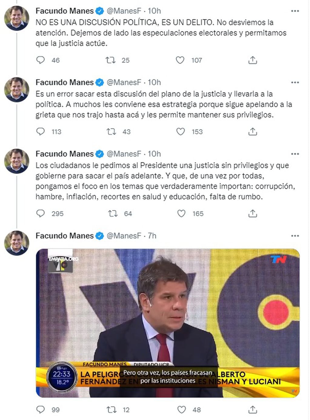 El hilo de Facundo Manes explicando por qué no acompaña el pedido de juicio político contra Alberto Fernández (Twitter)
