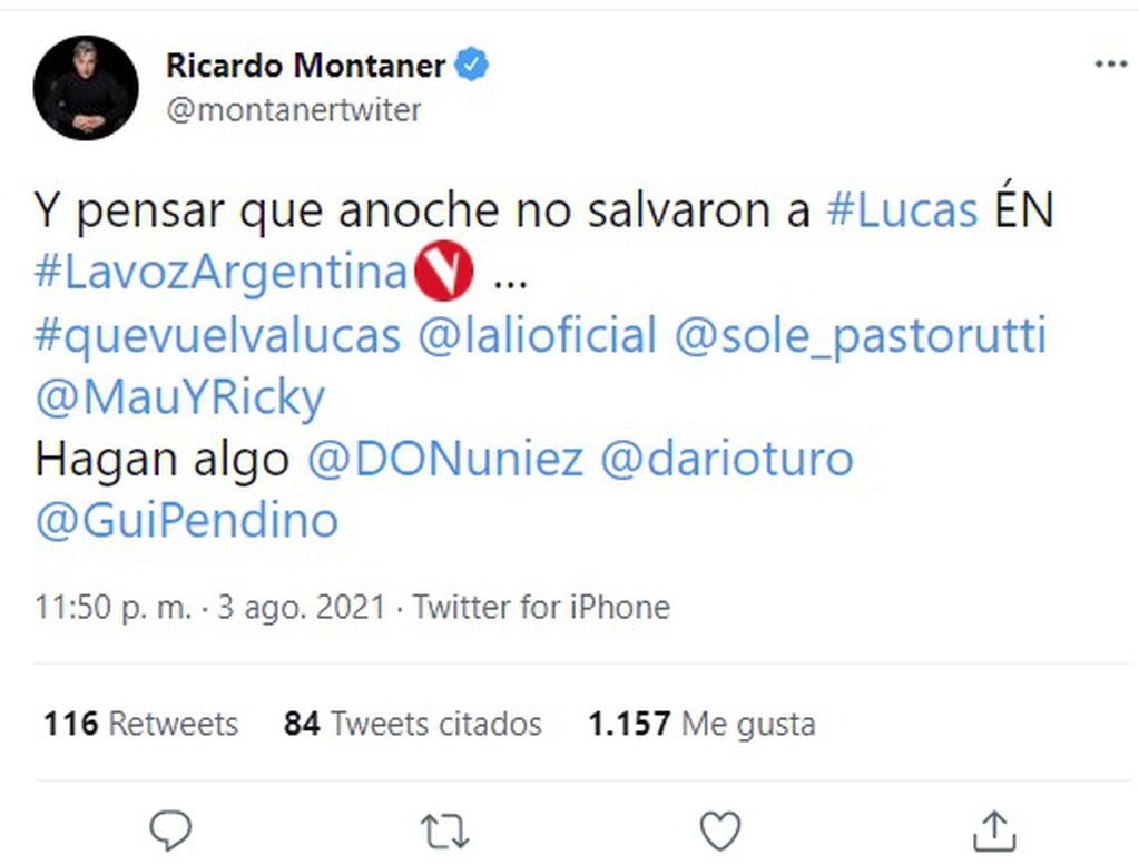Ricardo Montaner pidió a Telefe que vuelva Lucas Oviedo a La Voz Argentina - 