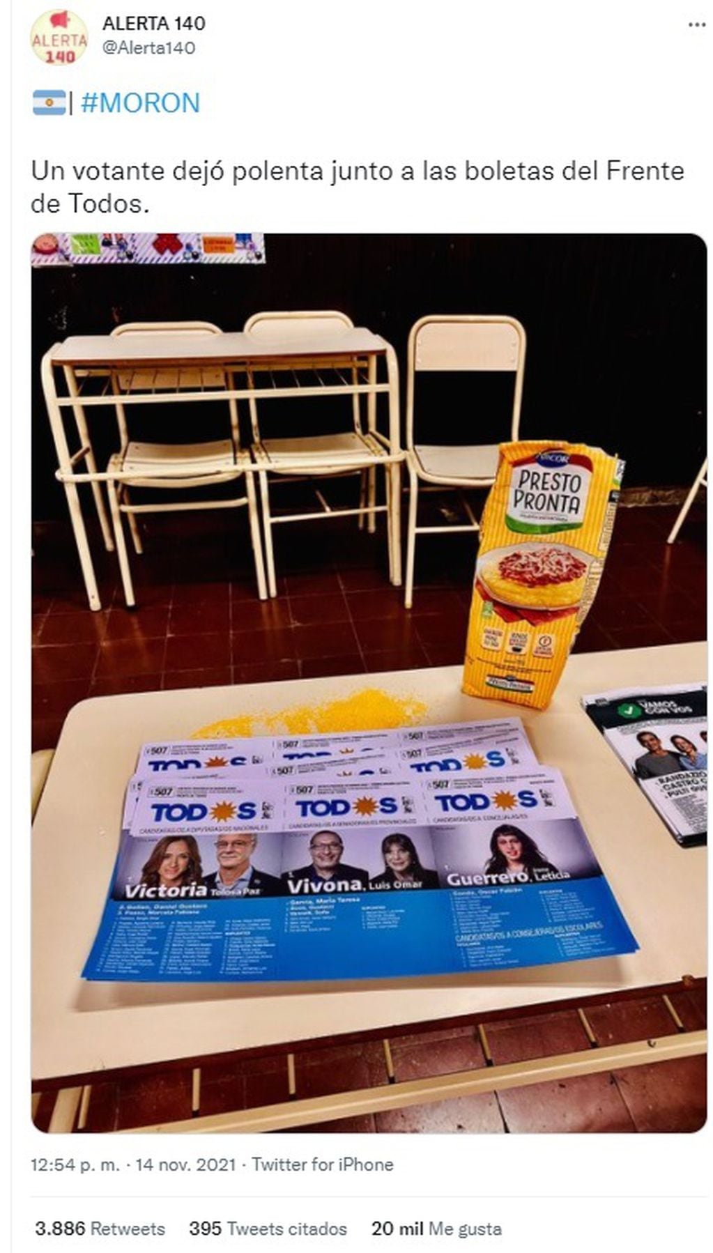 Un votante dejó polenta junto a la boleta del Frente de Todos - Twitter 