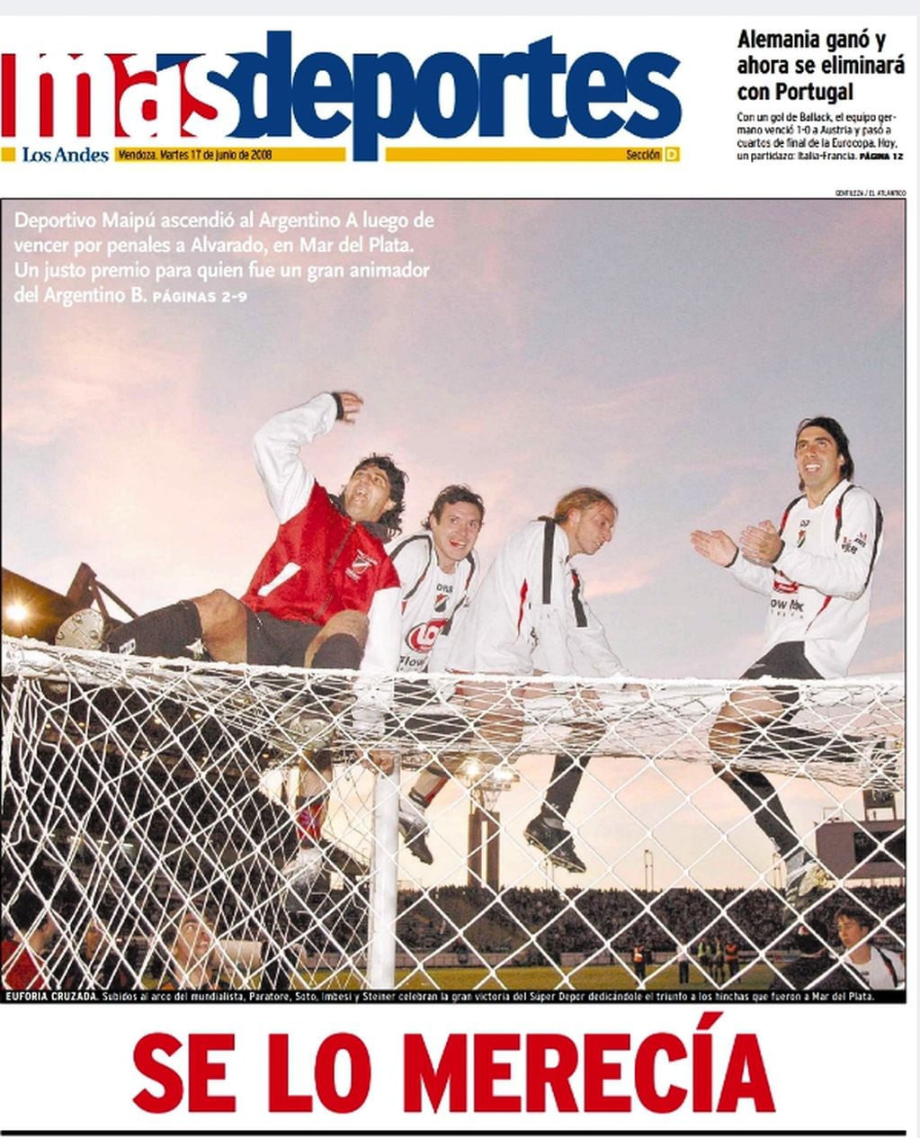 La tapa del Más Deportes, Diario Los Andes, del día 17 de junio de 2008, tras el ascenso de Maipú en Mar del Plata.