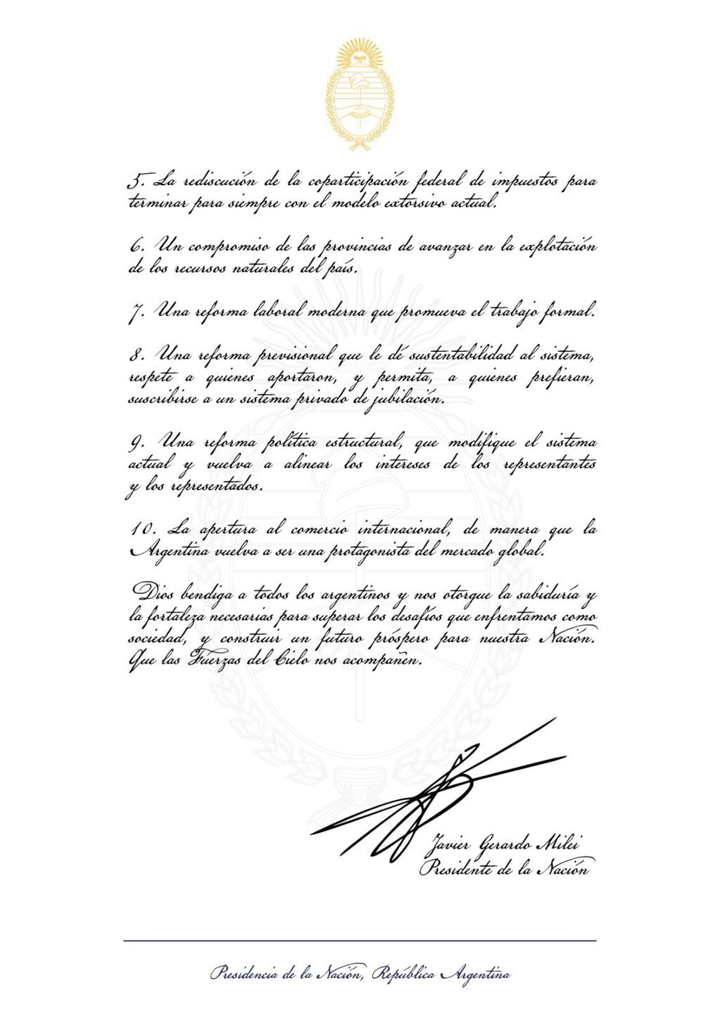 La invitación a la firma del Pacto de Mayo que hizo Javier Milei durante el discurso en el Congreso de la Nación.