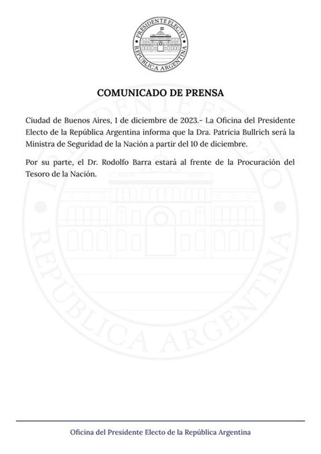 Javier Milei confirmó a Patricia Bullrich como ministra de Seguridad