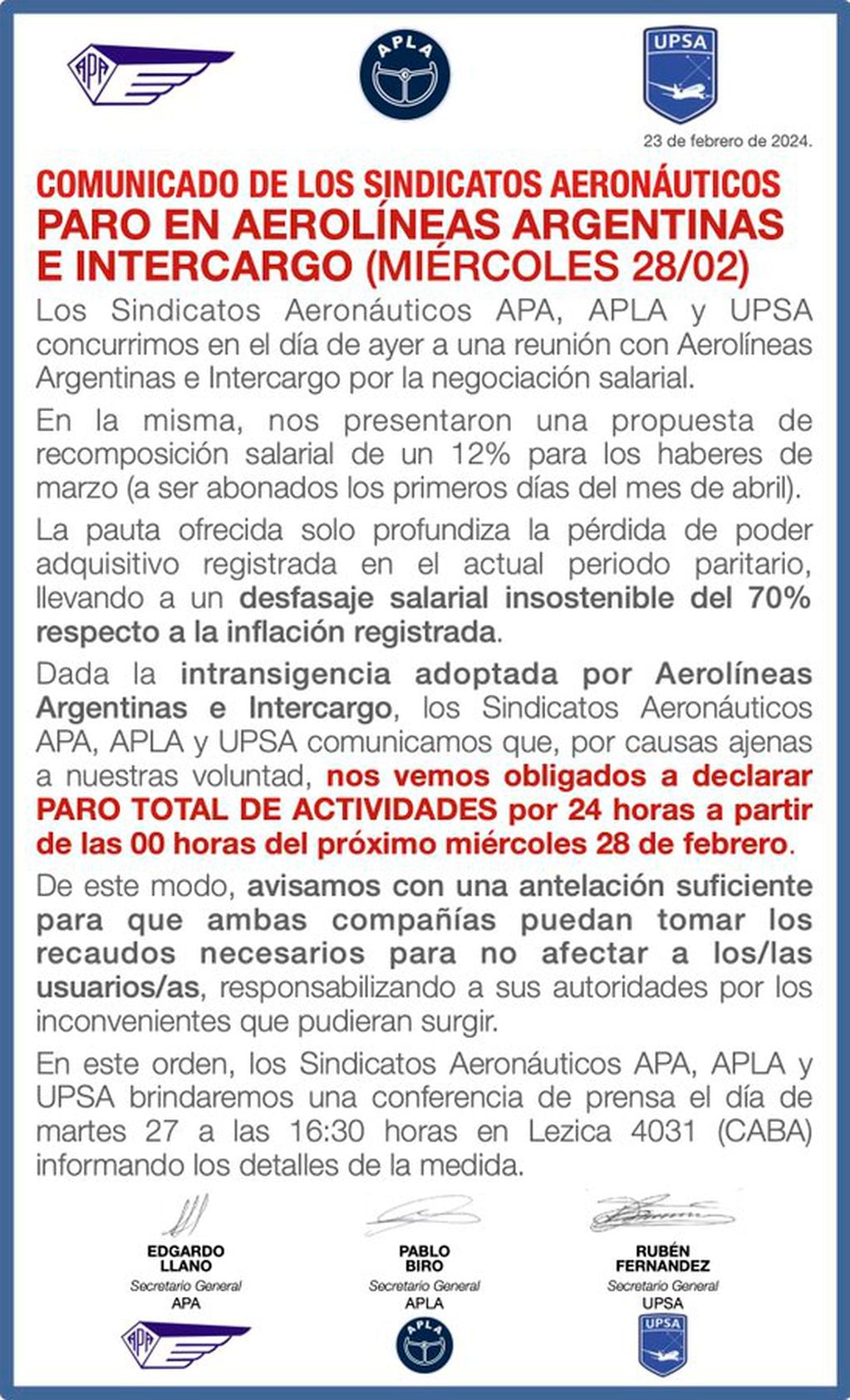 Comunicado de los sindicatos aeronáuticos. Imagen: X / @aplapilotos