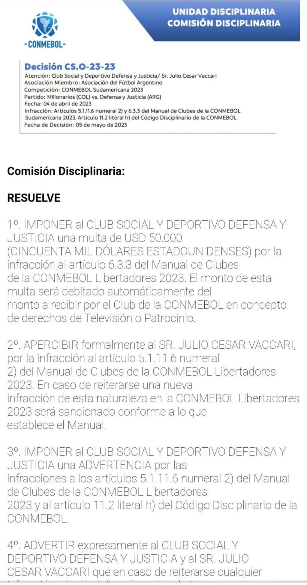 La sanción de Conmebol a Defensa y Justicia. / Gentileza.