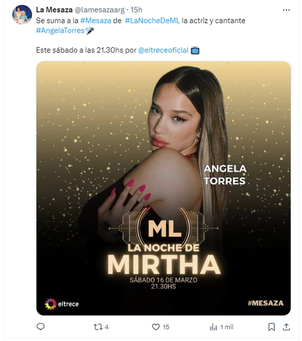 Ángela Torres estará en la mesaza de Mirtha
