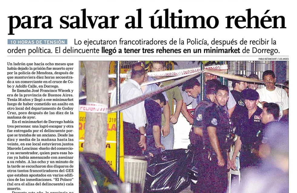 En diciembre de 2002 un francotirador abatió a un secuestrador en Dorrego. Foto: Archivo / Los Andes
