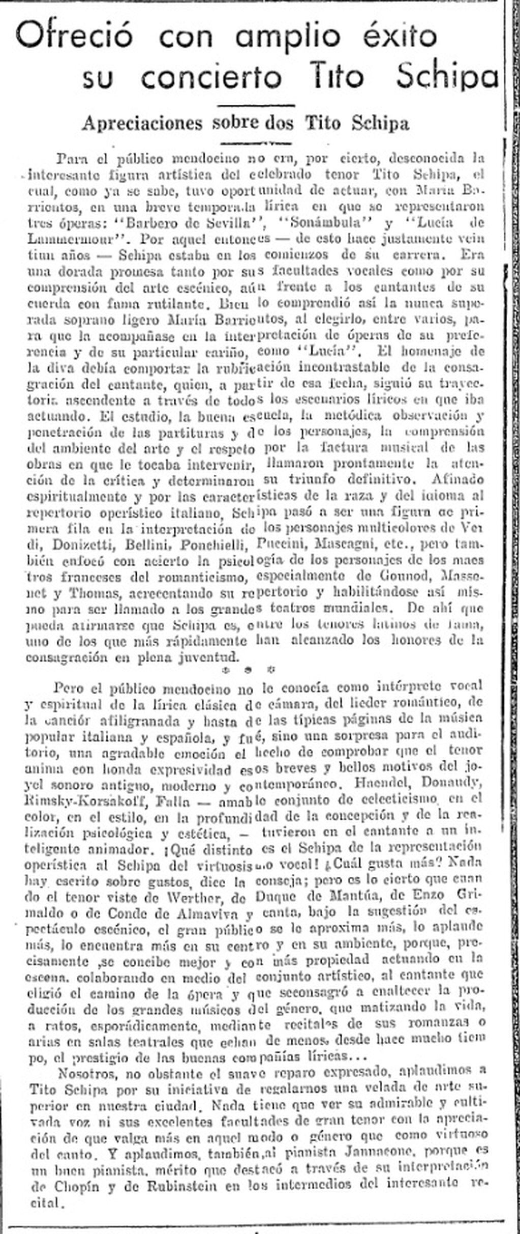 La cobertura que Los Andes hizo del recital en el Teatro Independencia. Fue publicada el 3 de agosto de 1934. 