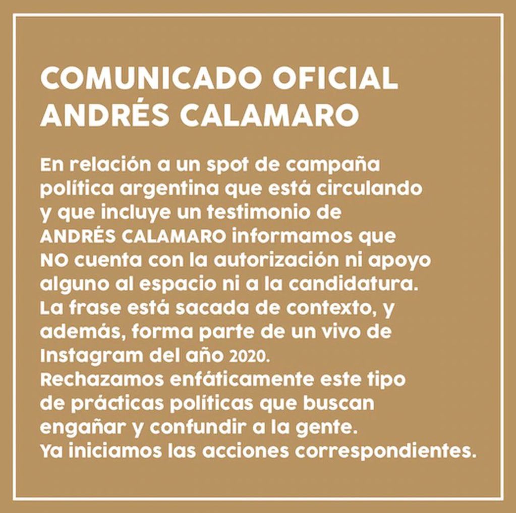 Andrés Calamaro pidió que se lo desligue de la campaña política de Santiago Cúneo