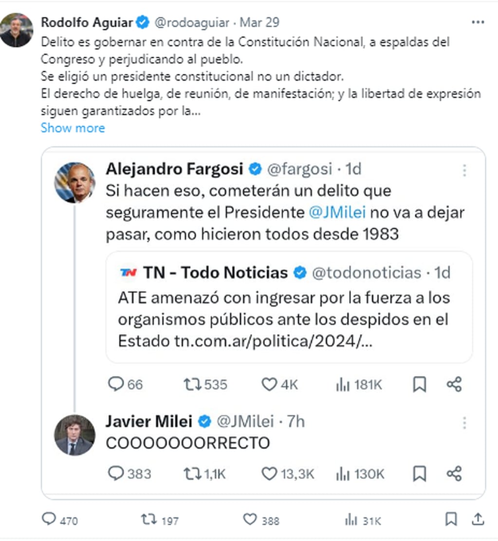 Rodolfo Aguiar criticó nuevamente a Javier Milei: Gentileza: X @rodoaguiar.