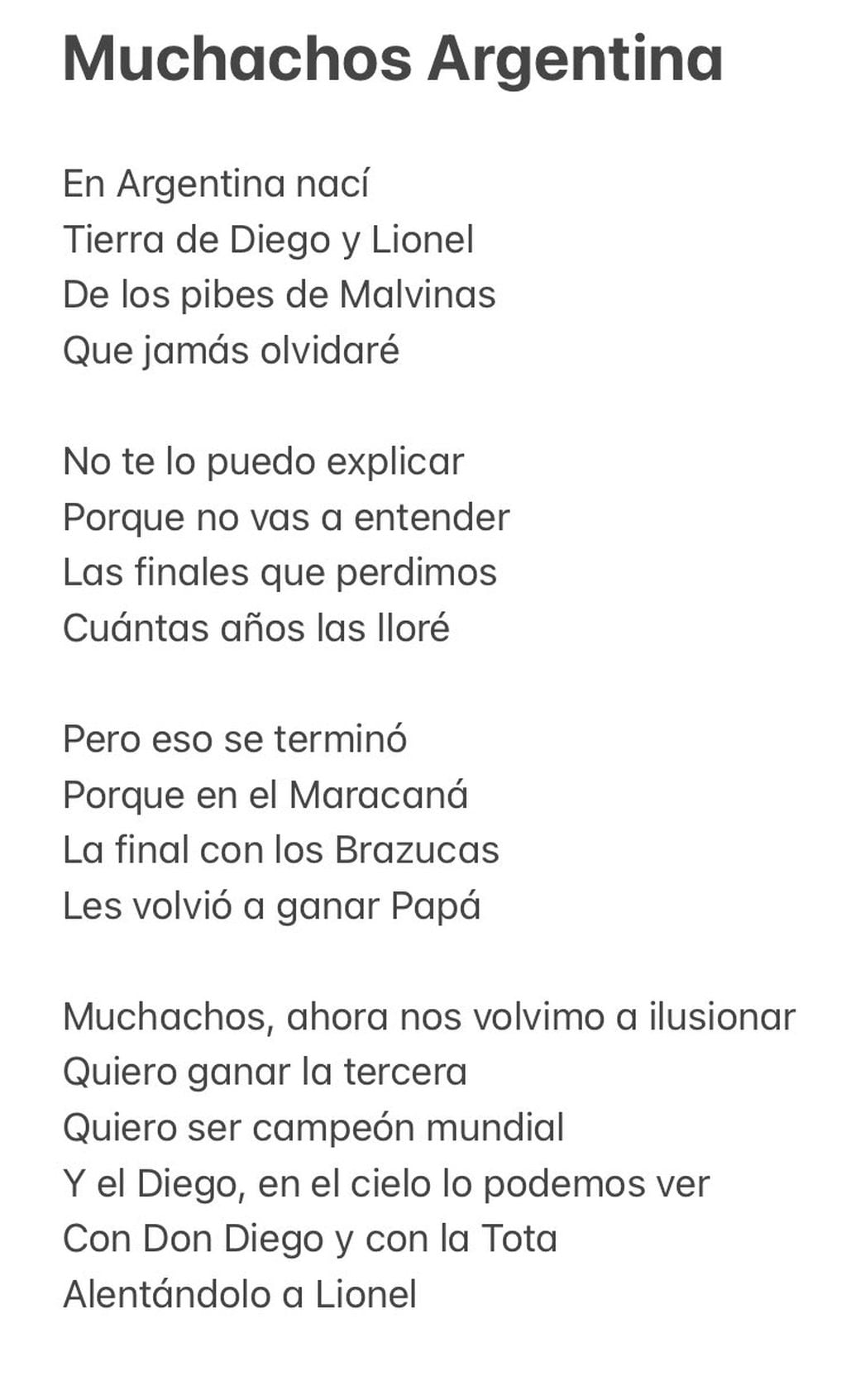 La letra del himno de la hinchada argentina