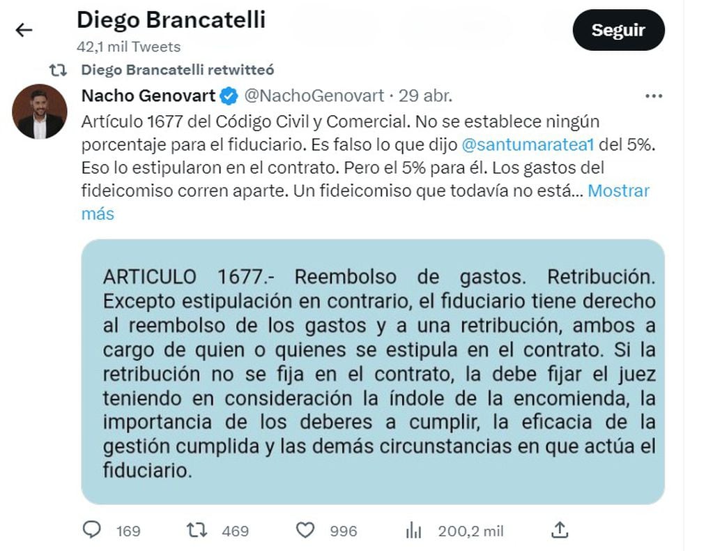 El tuit que compartió Brancatelli respecto a la colecta del influencer. Foto: Twitter